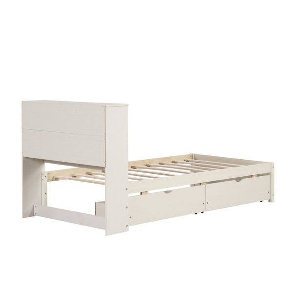 English Elm Modern Twin Storage Bed Bookcase Headboard with Usb Charging Port and Two Drawers White Washed W697P152022
