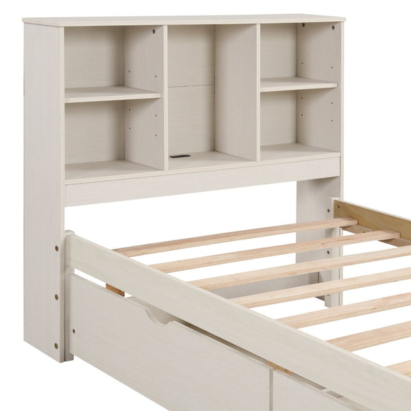 English Elm Modern Twin Storage Bed Bookcase Headboard with Usb Charging Port and Two Drawers White Washed W697P152022