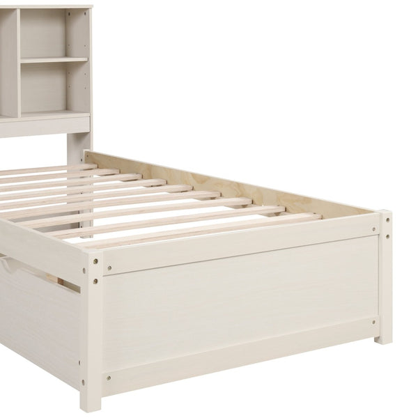 English Elm Modern Twin Storage Bed Bookcase Headboard with Usb Charging Port and Two Drawers White Washed W697P152022