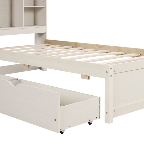English Elm Modern Twin Storage Bed Bookcase Headboard with Usb Charging Port and Two Drawers White Washed W697P152022