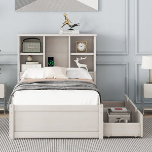 English Elm Modern Twin Storage Bed Bookcase Headboard with Usb Charging Port and Two Drawers White Washed W697P152022