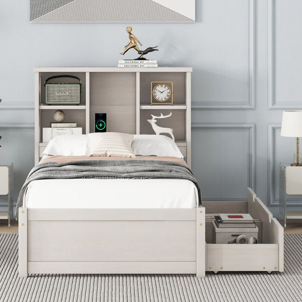 English Elm Modern Twin Storage Bed Bookcase Headboard with Usb Charging Port and Two Drawers White Washed W697P152022