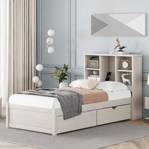 English Elm Modern Twin Storage Bed Bookcase Headboard with Usb Charging Port and Two Drawers White Washed W697P152022