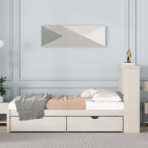 English Elm Modern Twin Storage Bed Bookcase Headboard with Usb Charging Port and Two Drawers White Washed W697P152022