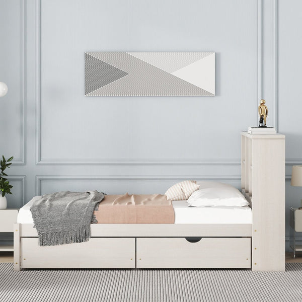 English Elm Modern Twin Storage Bed Bookcase Headboard with Usb Charging Port and Two Drawers White Washed W697P152022