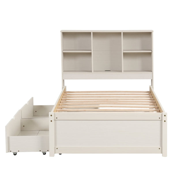 English Elm Modern Twin Storage Bed Bookcase Headboard with Usb Charging Port and Two Drawers White Washed W697P152022