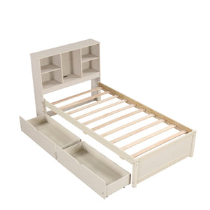 English Elm Modern Twin Storage Bed Bookcase Headboard with Usb Charging Port and Two Drawers White Washed W697P152022