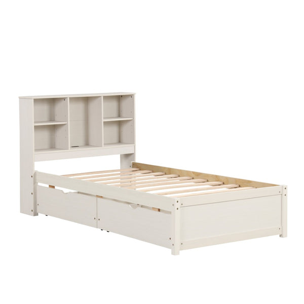 English Elm Modern Twin Storage Bed Bookcase Headboard with Usb Charging Port and Two Drawers White Washed W697P152022