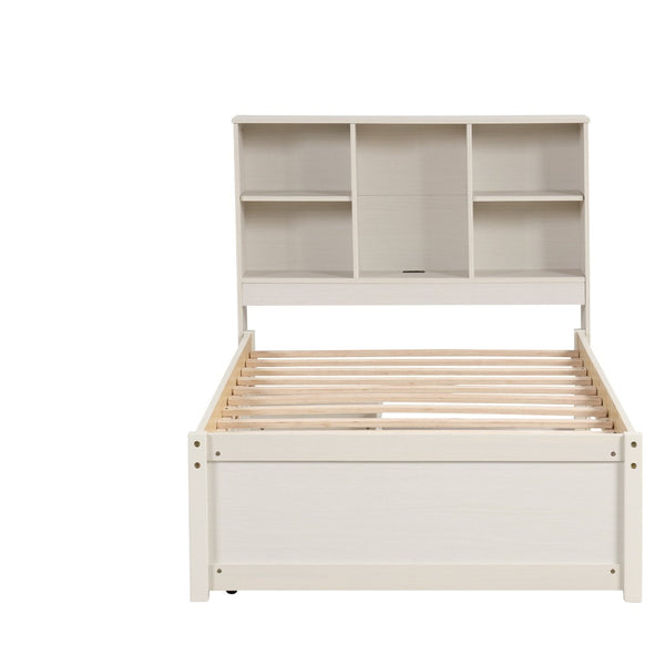 English Elm Modern Twin Storage Bed Bookcase Headboard with Usb Charging Port and Two Drawers White Washed W697P152022