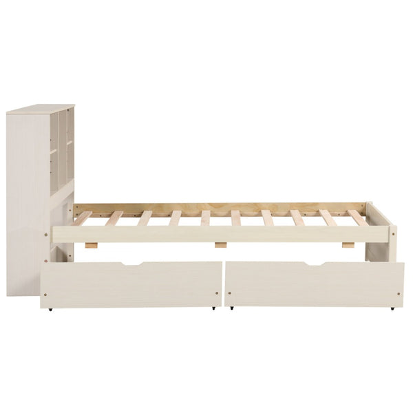 English Elm Modern Twin Storage Bed Bookcase Headboard with Usb Charging Port and Two Drawers White Washed W697P152022