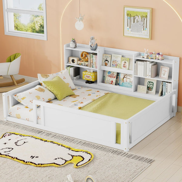 English Elm Full Size Kids Floor Bed Pinewood Frame with Guardrails and Six Built-In Storage Shelves White W697P495633