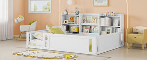 English Elm Full Size Kids Floor Bed Pinewood Frame with Guardrails and Six Built-In Storage Shelves White W697P495633