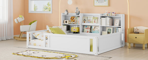 English Elm Full Size Kids Floor Bed Pinewood Frame with Guardrails and Six Built-In Storage Shelves White W697P495633