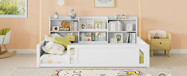 English Elm Full Size Kids Floor Bed Pinewood Frame with Guardrails and Six Built-In Storage Shelves White W697P495633