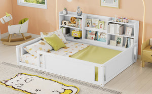 English Elm Full Size Kids Floor Bed Pinewood Frame with Guardrails and Six Built-In Storage Shelves White W697P495633