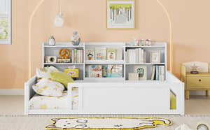 English Elm Full Size Kids Floor Bed Pinewood Frame with Guardrails and Six Built-In Storage Shelves White W697P495633