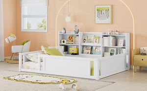 English Elm Full Size Kids Floor Bed Pinewood Frame with Guardrails and Six Built-In Storage Shelves White W697P495633
