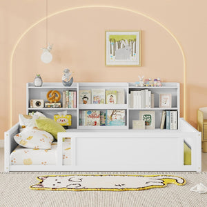 English Elm Full Size Kids Floor Bed Pinewood Frame with Guardrails and Six Built-In Storage Shelves White W697P495633