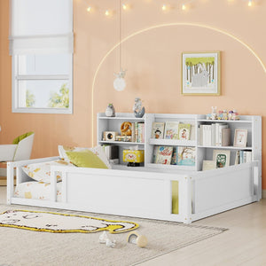 English Elm Full Size Kids Floor Bed Pinewood Frame with Guardrails and Six Built-In Storage Shelves White W697P495633