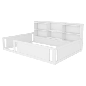 English Elm Full Size Kids Floor Bed Pinewood Frame with Guardrails and Six Built-In Storage Shelves White W697P495633