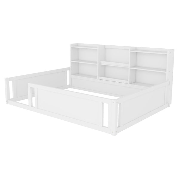 English Elm Full Size Kids Floor Bed Pinewood Frame with Guardrails and Six Built-In Storage Shelves White W697P495633