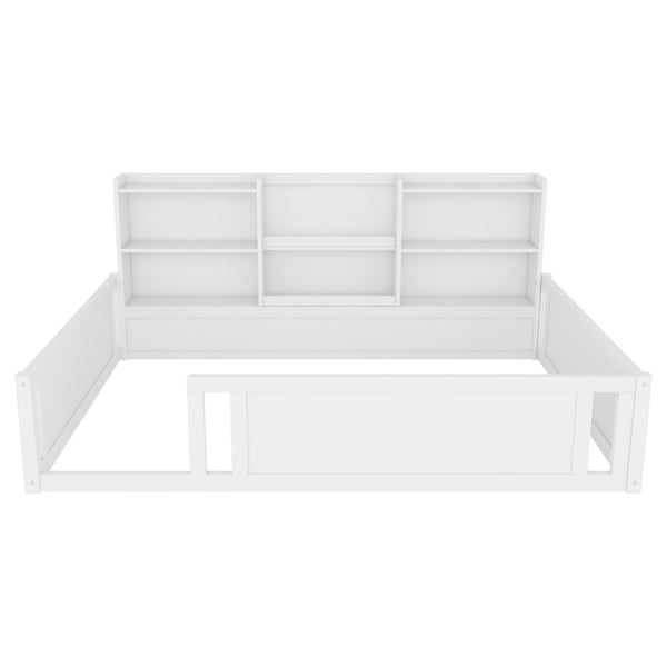 English Elm Full Size Kids Floor Bed Pinewood Frame with Guardrails and Six Built-In Storage Shelves White W697P495633