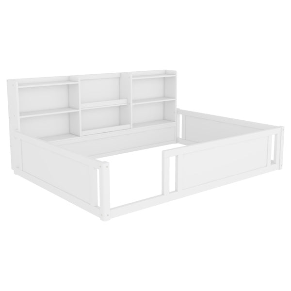 English Elm Full Size Kids Floor Bed Pinewood Frame with Guardrails and Six Built-In Storage Shelves White W697P495633