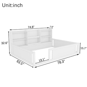 English Elm Full Size Kids Floor Bed Pinewood Frame with Guardrails and Six Built-In Storage Shelves White W697P495633