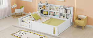 English Elm Full Size Kids Floor Bed Pinewood Frame with Guardrails and Six Built-In Storage Shelves White W697P495633