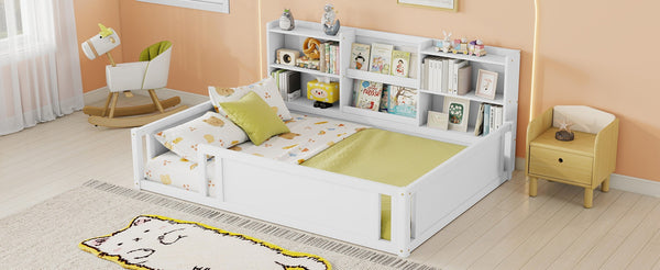 English Elm Full Size Kids Floor Bed Pinewood Frame with Guardrails and Six Built-In Storage Shelves White W697P495633
