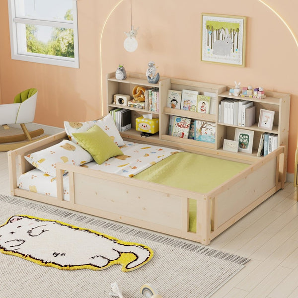 English Elm Full Size Kids Floor Bed Pinewood Frame with Guardrails and Six Built-In Storage Shelves Natural W697P495634