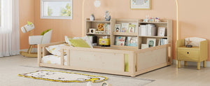 English Elm Full Size Kids Floor Bed Pinewood Frame with Guardrails and Six Built-In Storage Shelves Natural W697P495634
