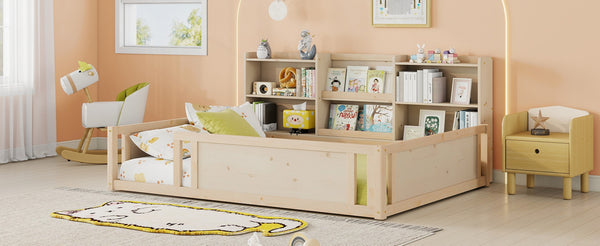 English Elm Full Size Kids Floor Bed Pinewood Frame with Guardrails and Six Built-In Storage Shelves Natural W697P495634