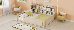 English Elm Full Size Kids Floor Bed Pinewood Frame with Guardrails and Six Built-In Storage Shelves Natural W697P495634