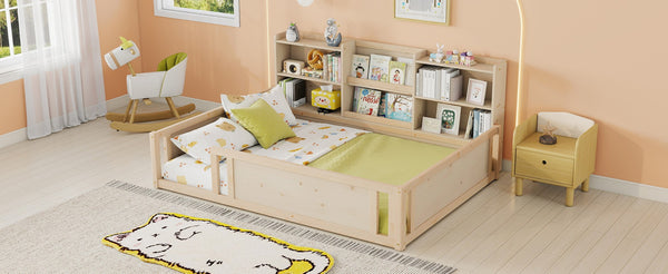 English Elm Full Size Kids Floor Bed Pinewood Frame with Guardrails and Six Built-In Storage Shelves Natural W697P495634