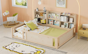 English Elm Full Size Kids Floor Bed Pinewood Frame with Guardrails and Six Built-In Storage Shelves Natural W697P495634