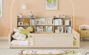 English Elm Full Size Kids Floor Bed Pinewood Frame with Guardrails and Six Built-In Storage Shelves Natural W697P495634