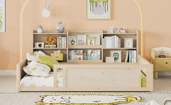 English Elm Full Size Kids Floor Bed Pinewood Frame with Guardrails and Six Built-In Storage Shelves Natural W697P495634