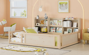 English Elm Full Size Kids Floor Bed Pinewood Frame with Guardrails and Six Built-In Storage Shelves Natural W697P495634