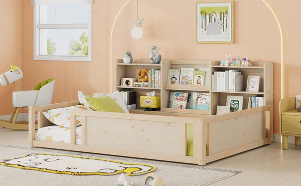 English Elm Full Size Kids Floor Bed Pinewood Frame with Guardrails and Six Built-In Storage Shelves Natural W697P495634