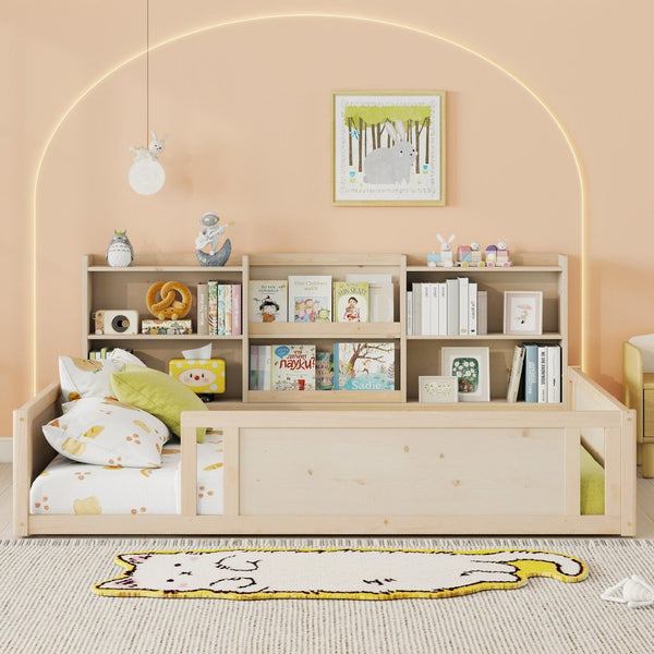 English Elm Full Size Kids Floor Bed Pinewood Frame with Guardrails and Six Built-In Storage Shelves Natural W697P495634