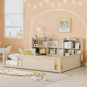 English Elm Full Size Kids Floor Bed Pinewood Frame with Guardrails and Six Built-In Storage Shelves Natural W697P495634