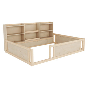 English Elm Full Size Kids Floor Bed Pinewood Frame with Guardrails and Six Built-In Storage Shelves Natural W697P495634