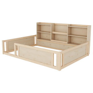 English Elm Full Size Kids Floor Bed Pinewood Frame with Guardrails and Six Built-In Storage Shelves Natural W697P495634