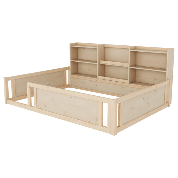 English Elm Full Size Kids Floor Bed Pinewood Frame with Guardrails and Six Built-In Storage Shelves Natural W697P495634