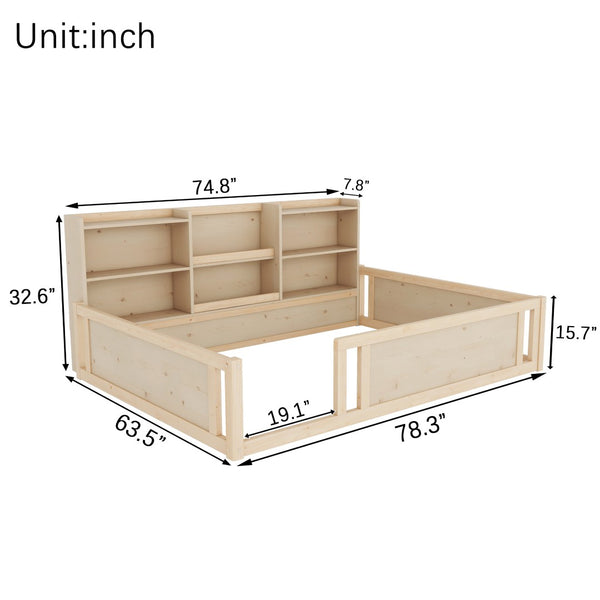 English Elm Full Size Kids Floor Bed Pinewood Frame with Guardrails and Six Built-In Storage Shelves Natural W697P495634