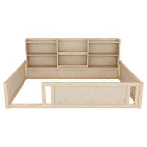 English Elm Full Size Kids Floor Bed Pinewood Frame with Guardrails and Six Built-In Storage Shelves Natural W697P495634