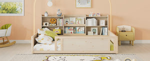 English Elm Full Size Kids Floor Bed Pinewood Frame with Guardrails and Six Built-In Storage Shelves Natural W697P495634