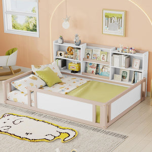 English Elm Full Size Kids Floor Bed Pinewood Frame with Guardrails and Six Built-In Storage Shelves Cream and White W697P495635
