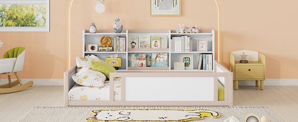 English Elm Full Size Kids Floor Bed Pinewood Frame with Guardrails and Six Built-In Storage Shelves Cream and White W697P495635